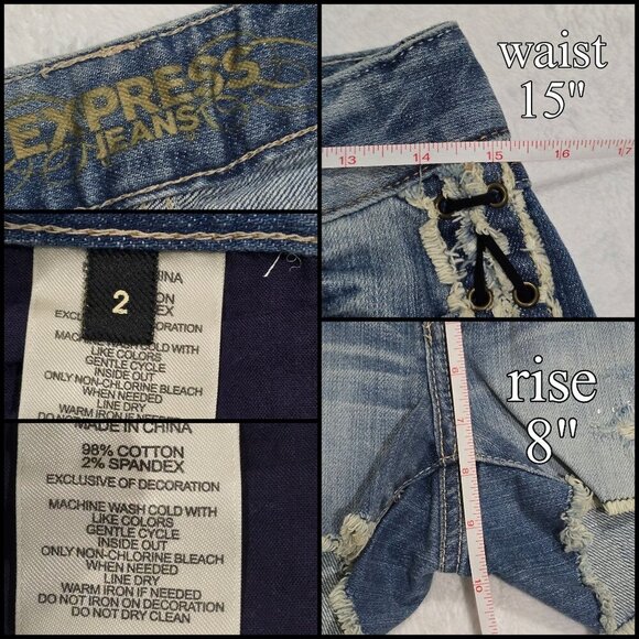 Express ✦ Corset Lace-Up Denim Shorts ✦ Light Wash Distressed Cutoffs Sz 2 NWOT - Picture 8 of 10